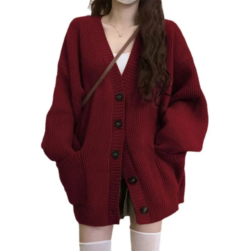 Autumn Winter Women Cardigan Sweater Coats Fashion Female Long Sleeve V-neck Loose Knitted Jackets Casual Sweater Cardigans