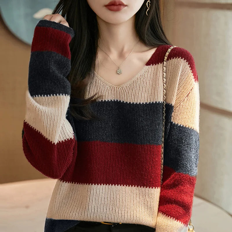 Women's Knitted V-Neck Pullover Color-Block Sweater Long-Sleeved Fashionable Comfortable Top for Autumn Winter NSY068