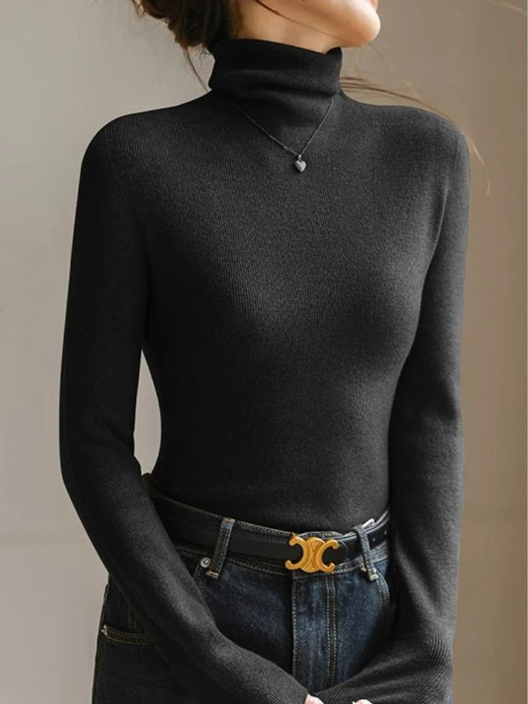 AOSSVIAO 2025  Pullovers Women's Turtleneck Sweater Autumn Winter Korean Slim Long Sleeve Solid Simple Basic Knit Thick Warm Top