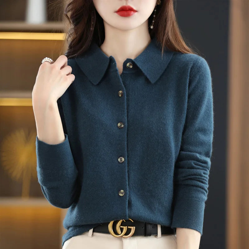 2024 Women's Sweater 100% Merino Wool POLO Collar Cardigan Knitted Warm Coat Autumn/Winter Loose Warm Soft Cashmere Sweater DMR