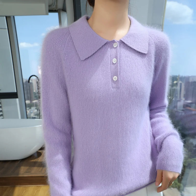 100% Mink Cashmere Women's Pullover Polo Collar Buttoned Sweater Autumn Winter Long Sleeve Knitwear Soft Warm Chic Clothings