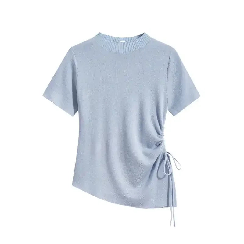 Women's Clothing Lace-Up T-shirt Summer New Slimming Knit Short Sleeve Casual Tees Lady Basic Fashion Waist-cinching O-neck Tops