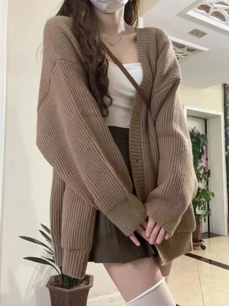Japanese Sweet Knitted Cardigan Women Fall Winter Lazy Wind Loose Casual Sweaters V Neck Solid Student Fashion Elegant New Coats