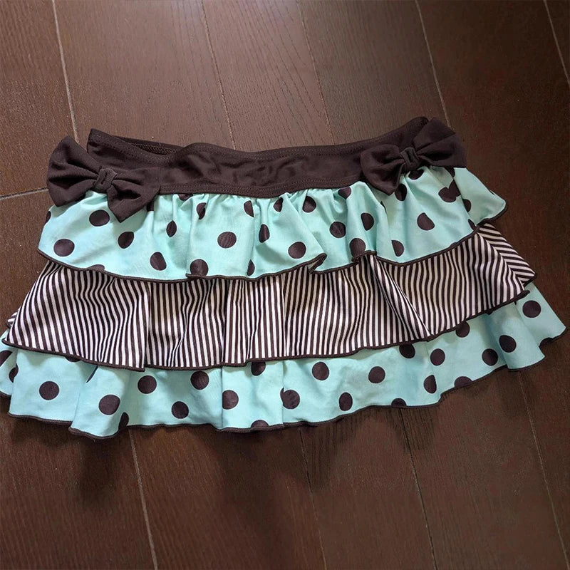 Polka Dot Cake Skirt Creative Bow Casual Fashion Short A-line Skirt 2026 Aesthetic Contrast Stitching Vintage Street Spice Skirt