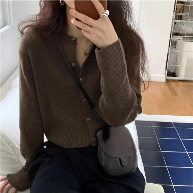 Fashion cashmere knitted cardigan women's sweater Spring and autumn Korean version of gray blouse loose short wool coat