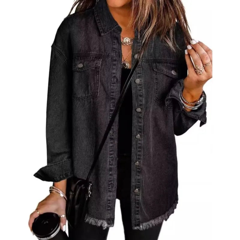 Women Fashion Denim Shirt Full Length Jacket Single Breasted Outerwear Washing High Street Cardigan Pocket Loose Coat Streetwear