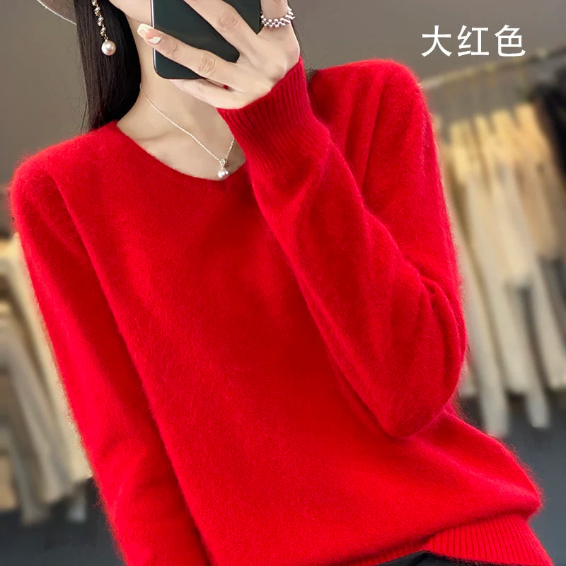 100% Pure Mink Cashmere V-neck Sweater For Women Autumn-Winter Warm Thick Solid Sweater For Women Soft Pullover Jacket DBE024
