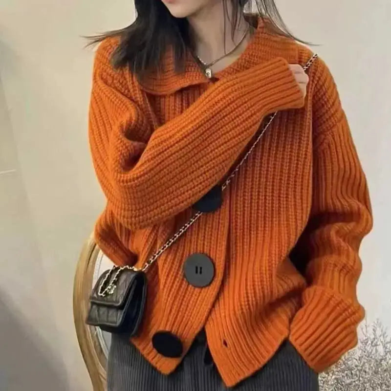 Women's Autumn 2024 New Chic Long-sleeved Loose Korean Style Trendy Large Buttons Lapel Short Sweater Knitted Cardigan