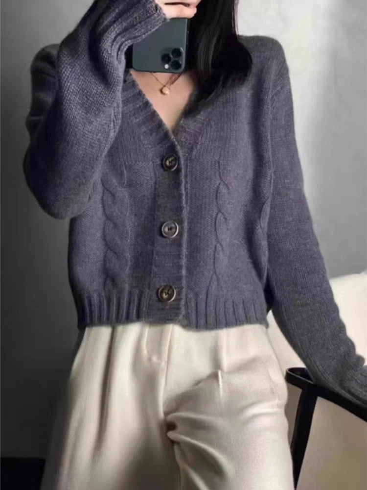 V-neck Long Sleeve Women Knitted Cardigan Sweater Fashion Loose Winter Autumn Coat Casual Solid Color Short Top Elegant Knitwear