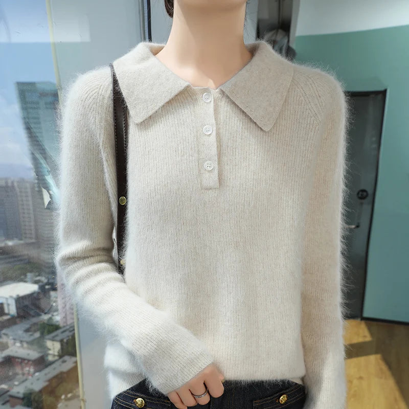 100% Mink Cashmere Women's Pullover Polo Collar Buttoned Sweater Autumn Winter Long Sleeve Knitwear Soft Warm Chic Clothings