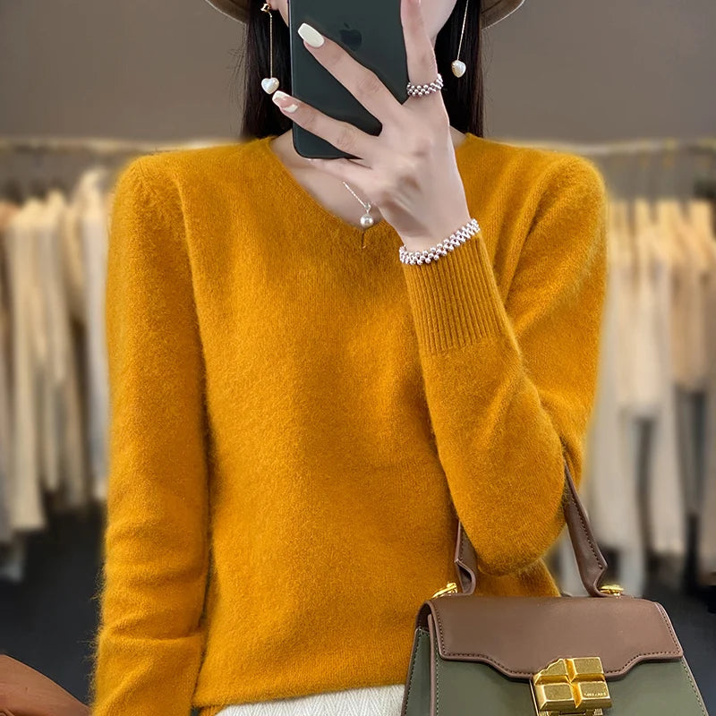 100% Pure Mink Cashmere V-neck Sweater For Women Autumn-Winter Warm Thick Solid Sweater For Women Soft Pullover Jacket DBE024