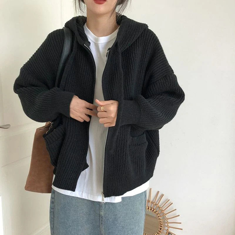 Knitted Sweater Women Cardigan Autumn Winter Thicken Warm Loose Oversized Sweater Coat Female Vintage Hooded Pocket Zip Knitwear