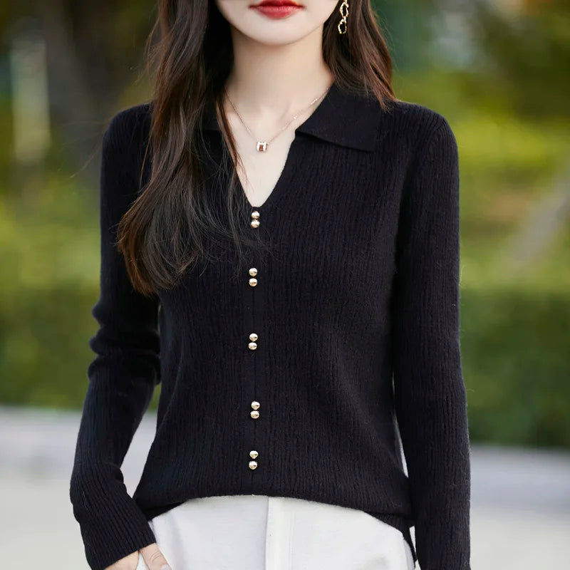 Spring Autumn Women Fine Merino Wool Sweater Polo V-neck Warm Pullover Hollow Pattern Fake Cardigan Knitwear Bottoming Tops