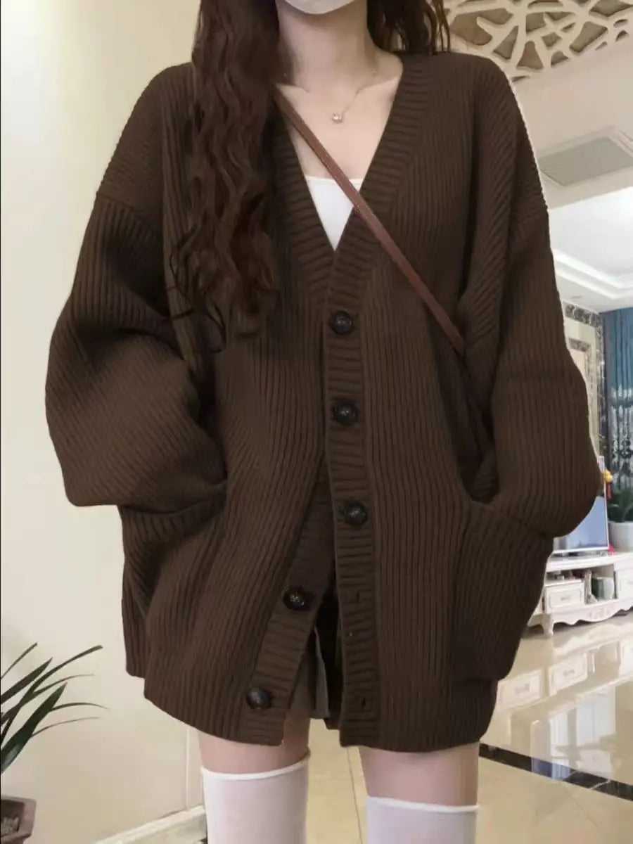 Autumn Winter Women Cardigan Sweater Coats Fashion Female Long Sleeve V-neck Loose Knitted Jackets Casual Sweater Cardigans