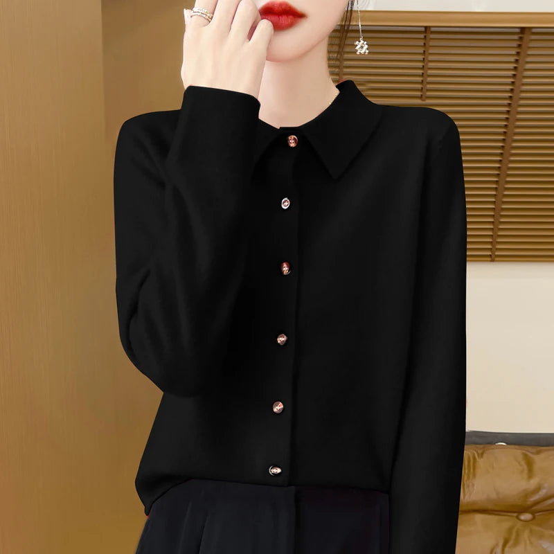 2024 Women's Sweater 100% Merino Wool POLO Collar Cardigan Knitted Warm Coat Autumn/Winter Loose Warm Soft Cashmere Sweater DMR