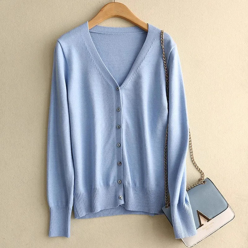 Sweater Knitted Cardigan Button Jacket 2025 Autumn Winter V-neck Long Sleeve Casual Short Tops For Women Sweater Grey White