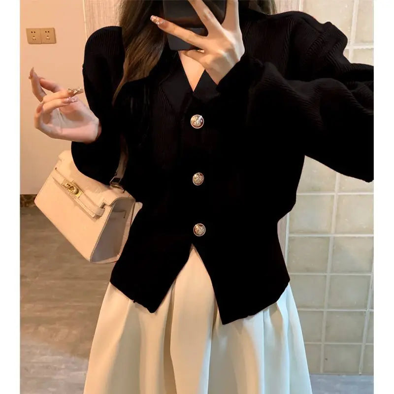 Autumn and Winter Woman's Clothes Red Sweater Korean Vintage Retro V-neck Puff Sleeve Waist Niche Fashion Trend All-match Lively