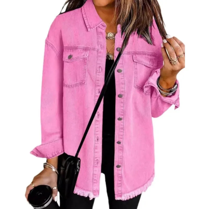 Women Fashion Denim Shirt Full Length Jacket Single Breasted Outerwear Washing High Street Cardigan Pocket Loose Coat Streetwear