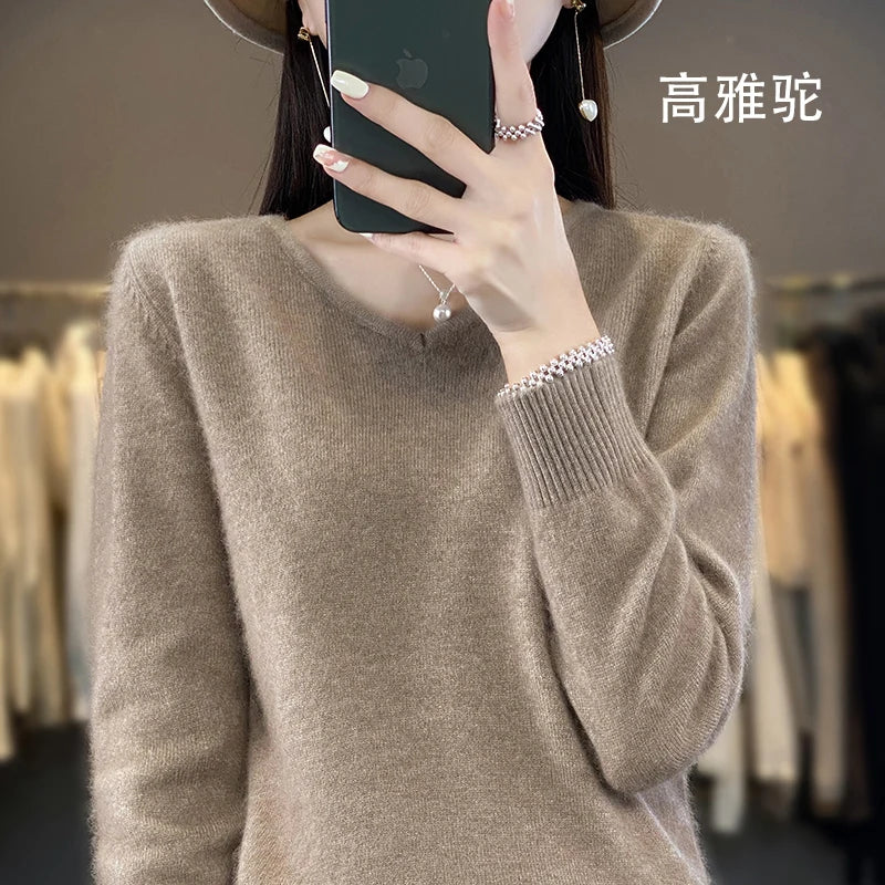 100% Pure Mink Cashmere V-neck Sweater For Women Autumn-Winter Warm Thick Solid Sweater For Women Soft Pullover Jacket DBE024