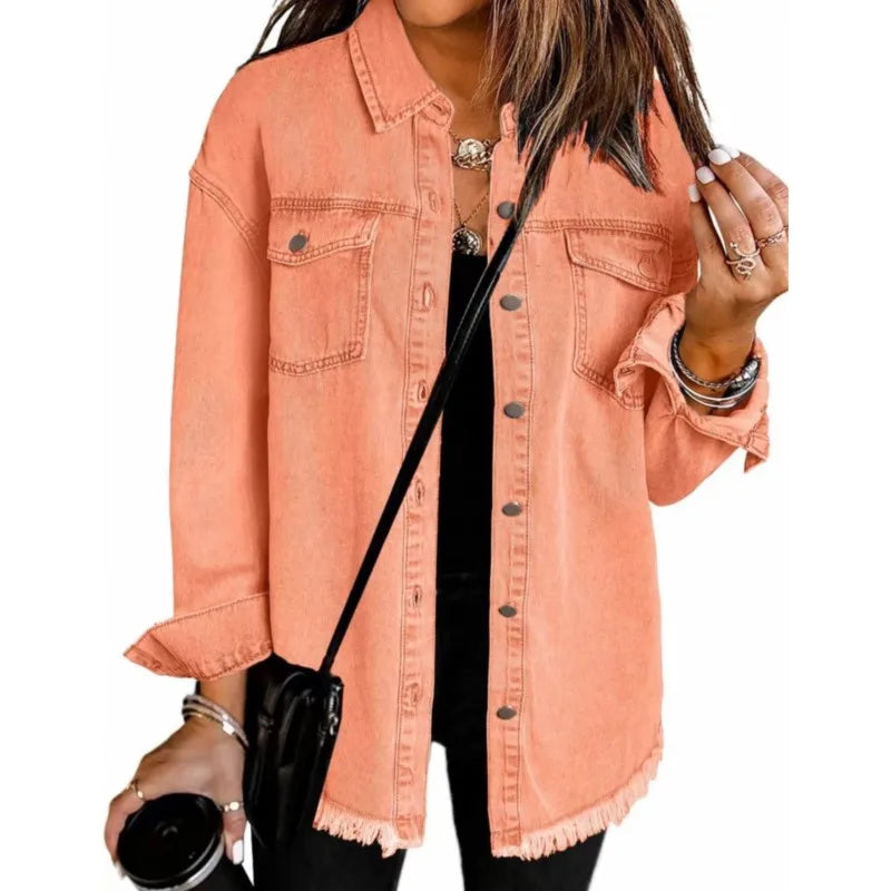 Women Fashion Denim Shirt Full Length Jacket Single Breasted Outerwear Washing High Street Cardigan Pocket Loose Coat Streetwear