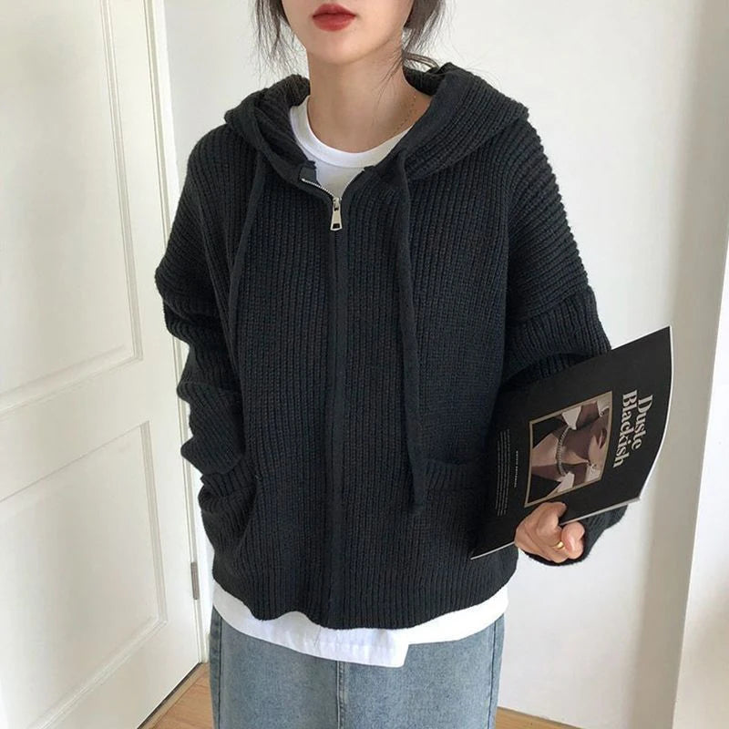 Knitted Sweater Women Cardigan Autumn Winter Thicken Warm Loose Oversized Sweater Coat Female Vintage Hooded Pocket Zip Knitwear