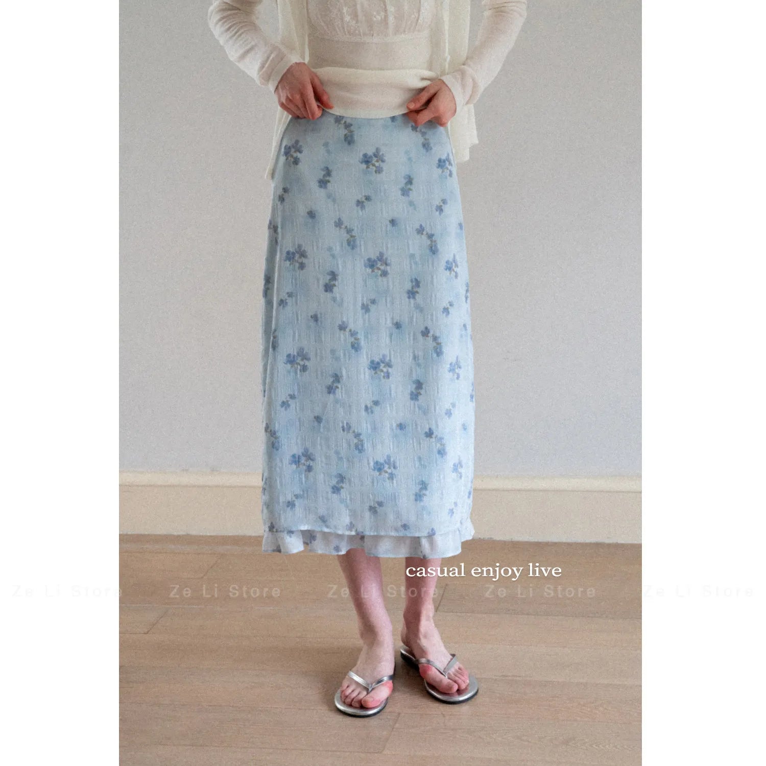 High Waist Floral Print Half Skirt Women's Summer 2026 Pleated A-Line Midi Skirt Polyester Fabric Casual Style Business Travel