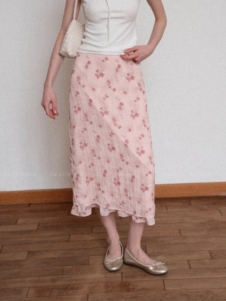High Waist Floral Print Half Skirt Women's Summer 2026 Pleated A-Line Midi Skirt Polyester Fabric Casual Style Business Travel