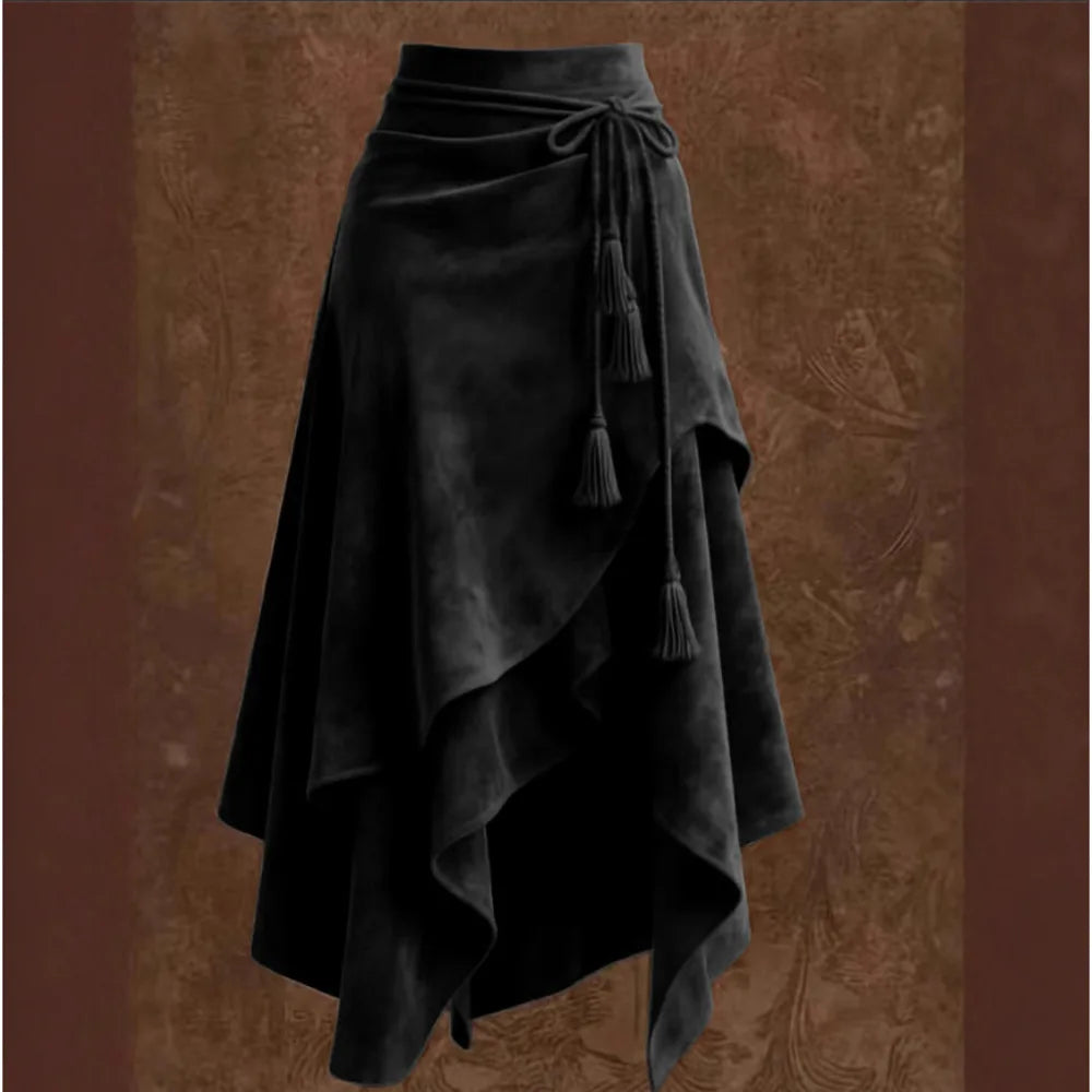 2026 Autumn Melard Coffee Suede Half Skirt For Women Irregular Lace Up Slimming A-line Mid-length Umbrella Skirt