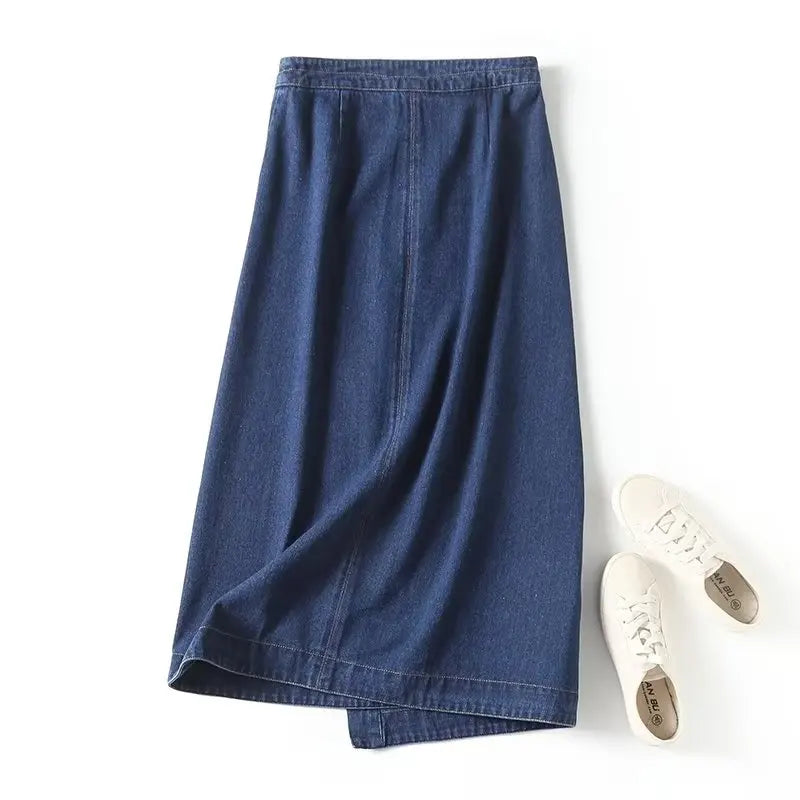 England Office lady Elegant High Street Denim Fashion  Skirt Women High Waist Asymmetric Midi Skirt Ladies