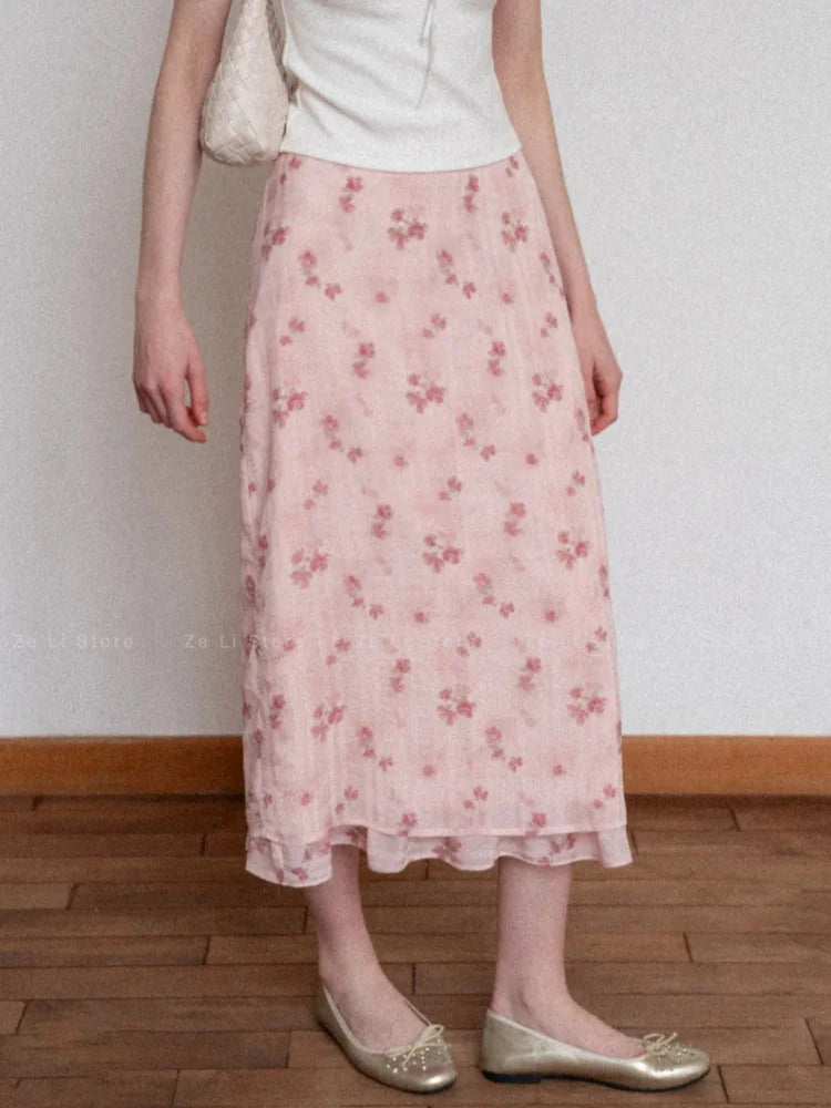 High Waist Floral Print Half Skirt Women's Summer 2026 Pleated A-Line Midi Skirt Polyester Fabric Casual Style Business Travel