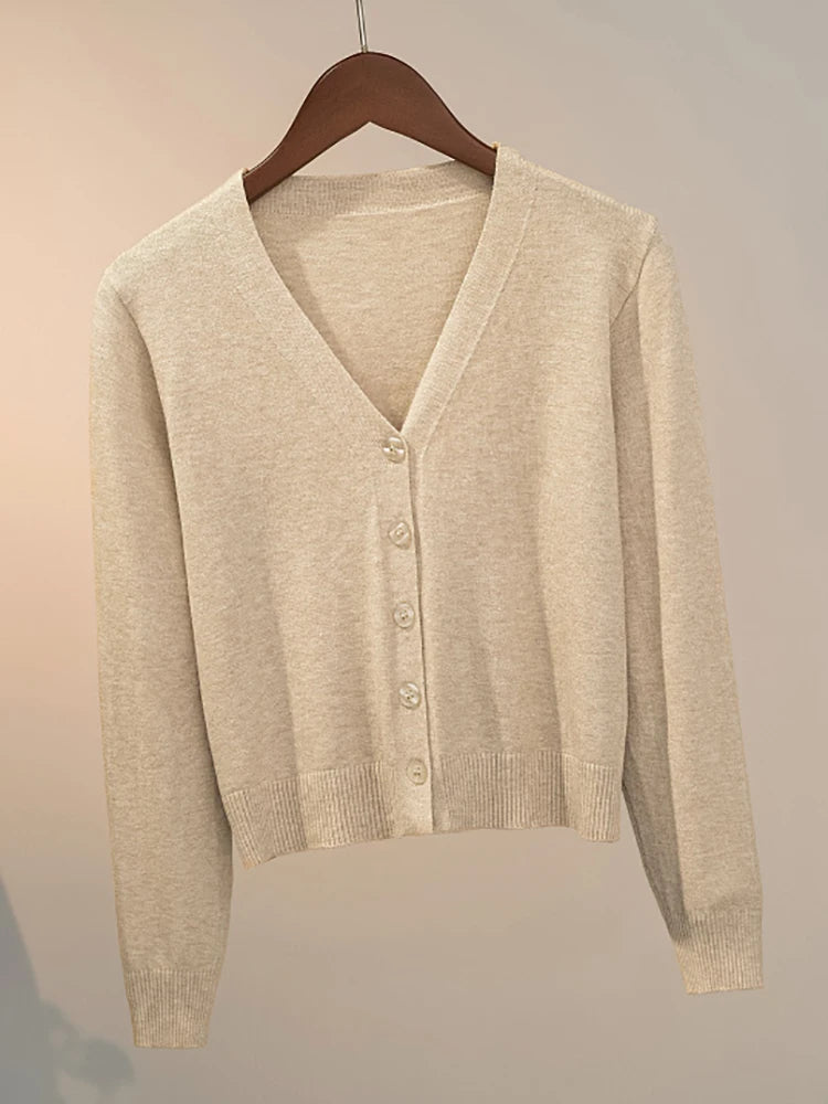 Sweater Knitted Cardigan Button Jacket 2025 Autumn Winter V-neck Long Sleeve Casual Short Tops For Women Sweater Grey White