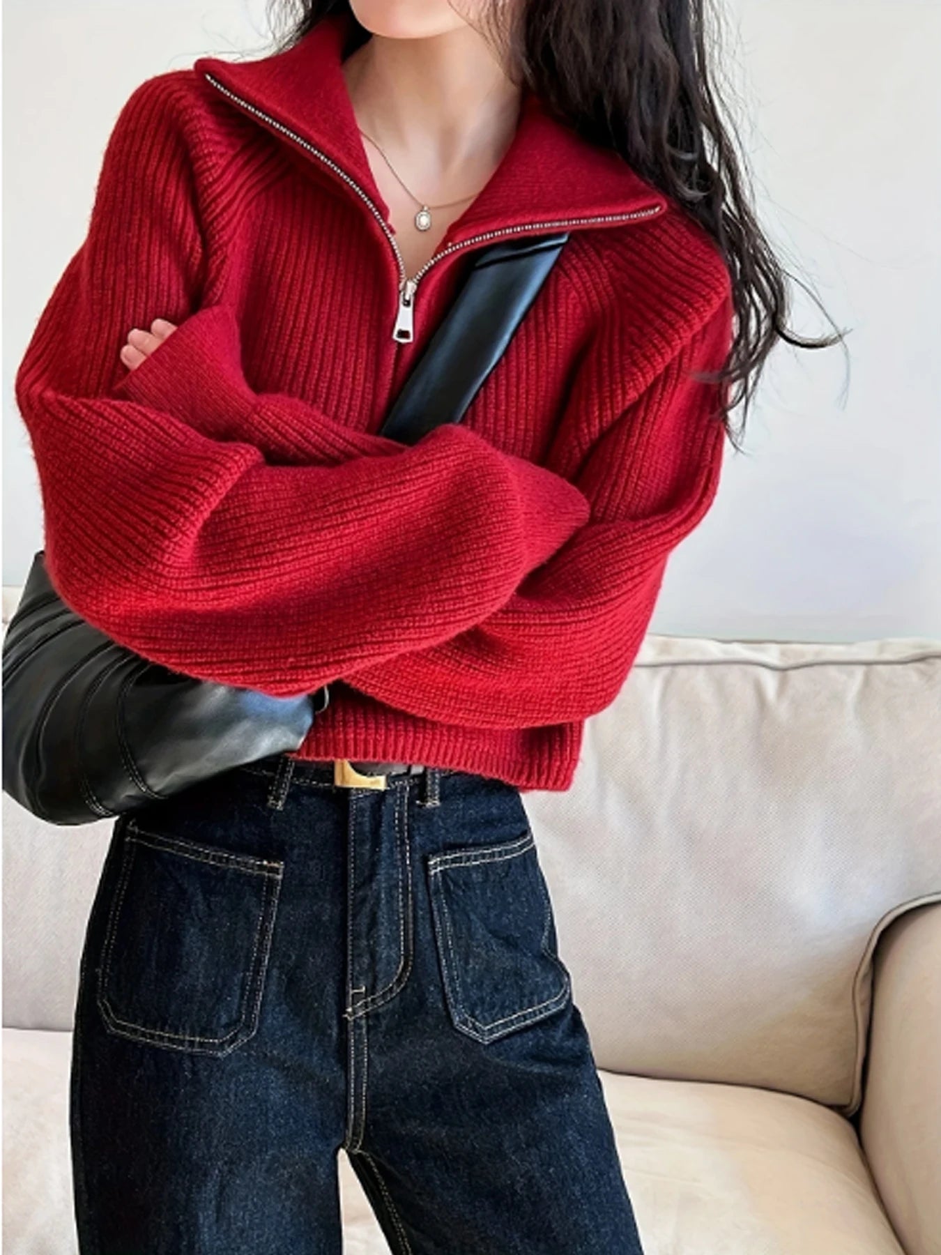 AOSSVIAO Women's Loose Knitted Pullovers Half Zipper Autumn and Winter Turtleneck Sweaters Casual Comfortable Full Sleeve Top