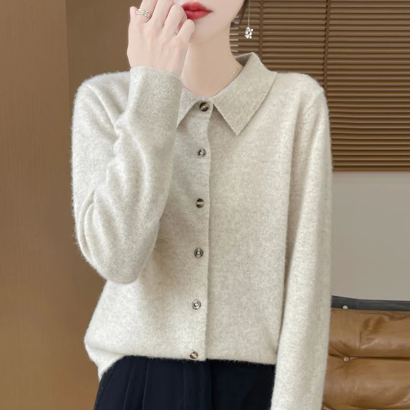 2024 Women's Sweater 100% Merino Wool POLO Collar Cardigan Knitted Warm Coat Autumn/Winter Loose Warm Soft Cashmere Sweater DMR