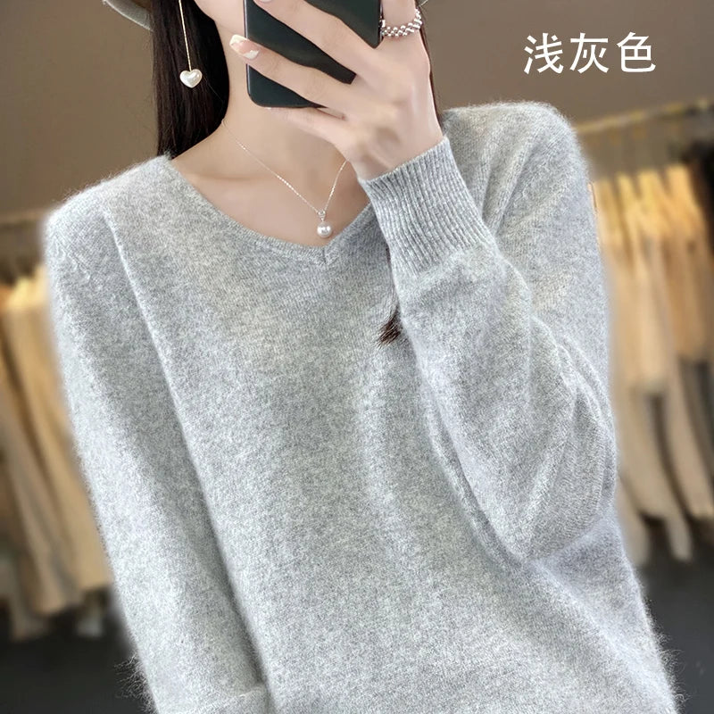 100% Pure Mink Cashmere V-neck Sweater For Women Autumn-Winter Warm Thick Solid Sweater For Women Soft Pullover Jacket DBE024