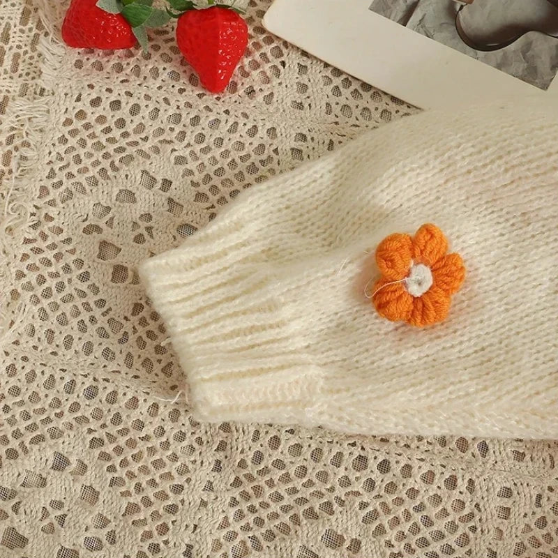 2025 New Autumn Winter Colourful Applique Flower Cardigan for Women Cute Long  V-neck Knit Crop Sweater Girl Soft Knitwear