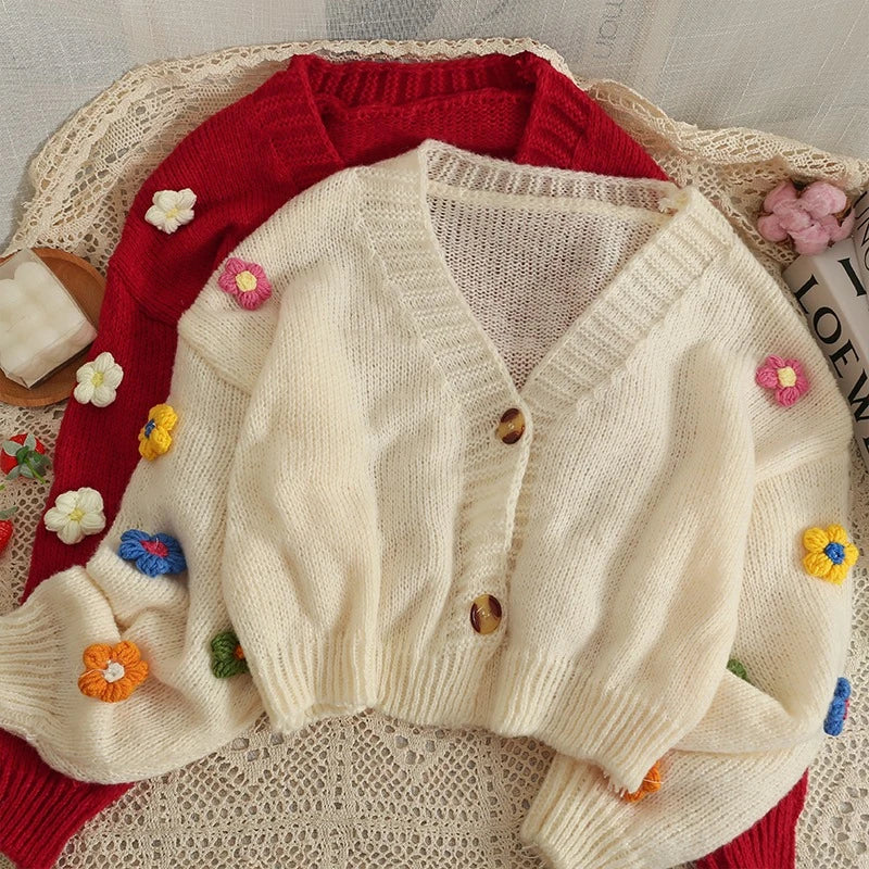 2025 New Autumn Winter Colourful Applique Flower Cardigan for Women Cute Long  V-neck Knit Crop Sweater Girl Soft Knitwear