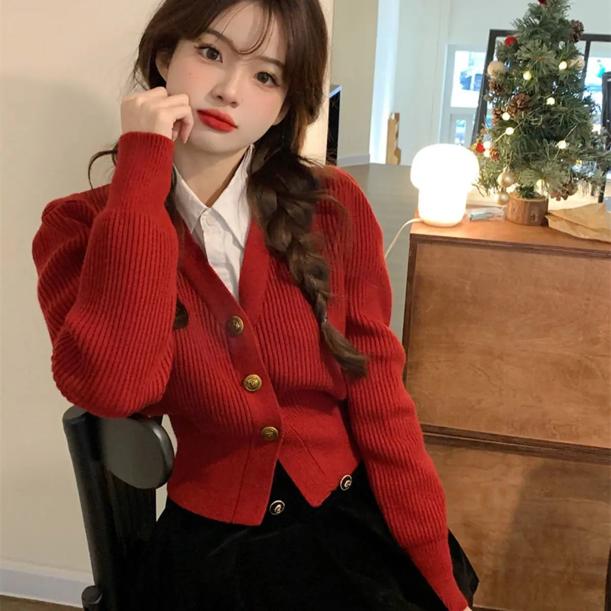Autumn and Winter Woman's Clothes Red Sweater Korean Vintage Retro V-neck Puff Sleeve Waist Niche Fashion Trend All-match Lively