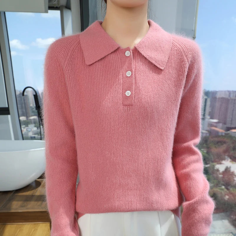 100% Mink Cashmere Women's Pullover Polo Collar Buttoned Sweater Autumn Winter Long Sleeve Knitwear Soft Warm Chic Clothings