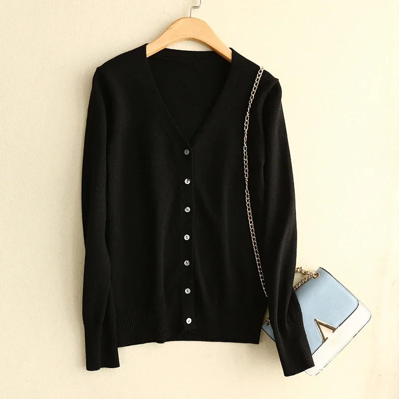 Spring Autumn Women Cardigans Single Breasted V-neck Solid Knitted Sweater Slim Female White Cardigans Casual Outerwear
