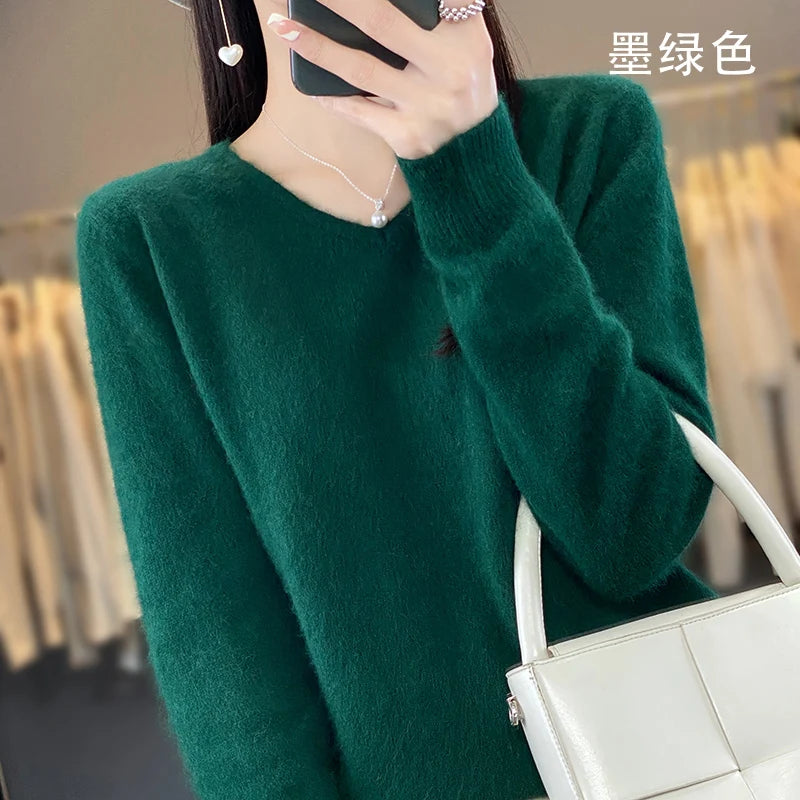 100% Pure Mink Cashmere V-neck Sweater For Women Autumn-Winter Warm Thick Solid Sweater For Women Soft Pullover Jacket DBE024