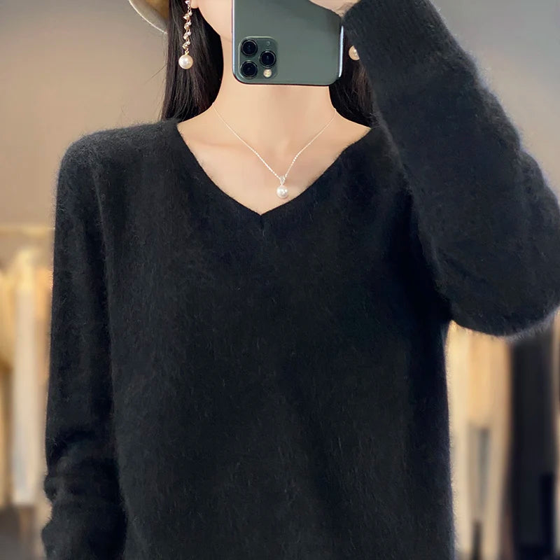 100% Pure Mink Cashmere V-neck Sweater For Women Autumn-Winter Warm Thick Solid Sweater For Women Soft Pullover Jacket DBE024