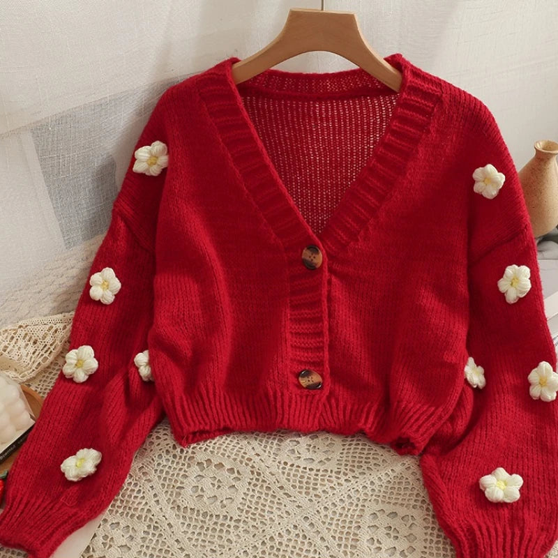 2025 New Autumn Winter Colourful Applique Flower Cardigan for Women Cute Long  V-neck Knit Crop Sweater Girl Soft Knitwear