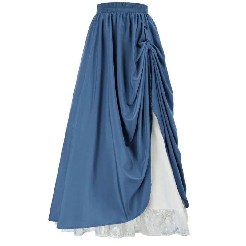 Casual Dual Layer Skirt Button Renaissance Costume Women Back Double Ruffle Long Shirring Skirt Waist Elastic Band Maxi Length