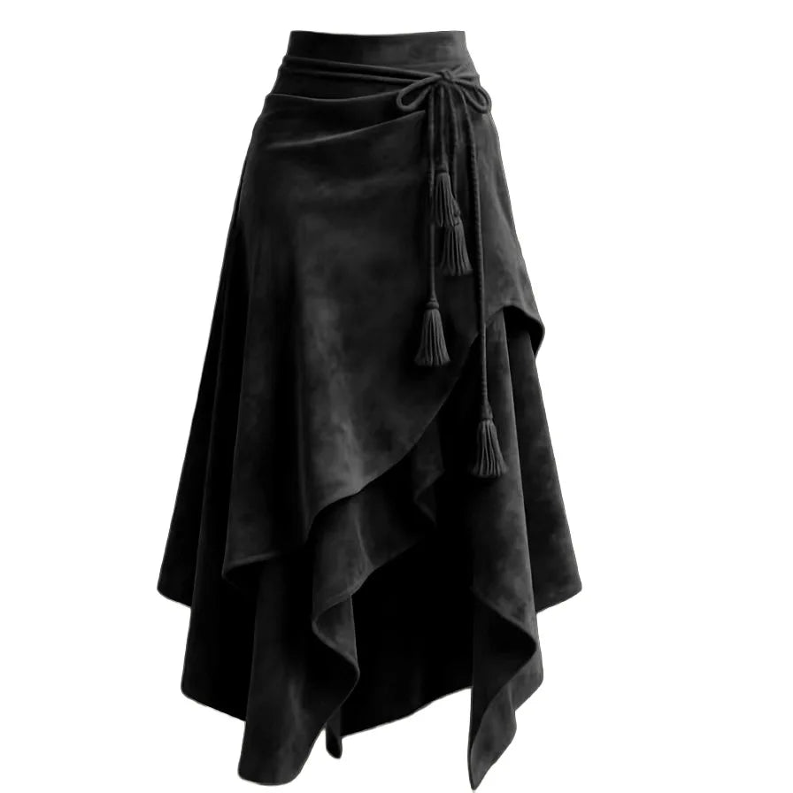2026 Autumn Melard Coffee Suede Half Skirt For Women Irregular Lace Up Slimming A-line Mid-length Umbrella Skirt