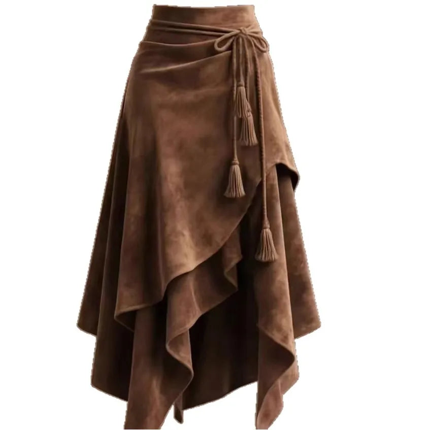 2026 Autumn Melard Coffee Suede Half Skirt For Women Irregular Lace Up Slimming A-line Mid-length Umbrella Skirt