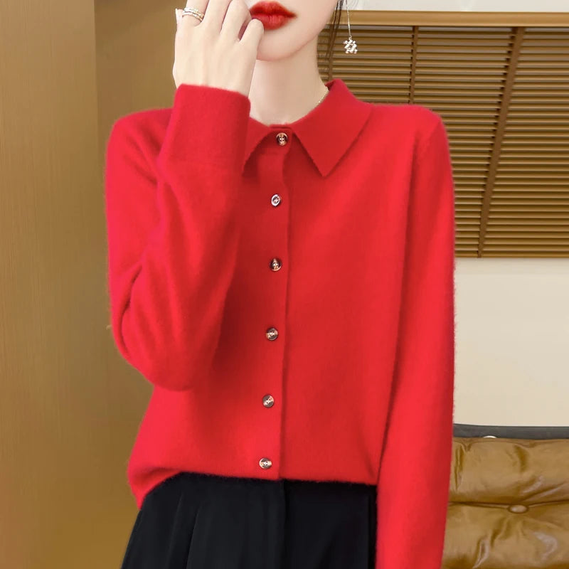 2024 Women's Sweater 100% Merino Wool POLO Collar Cardigan Knitted Warm Coat Autumn/Winter Loose Warm Soft Cashmere Sweater DMR