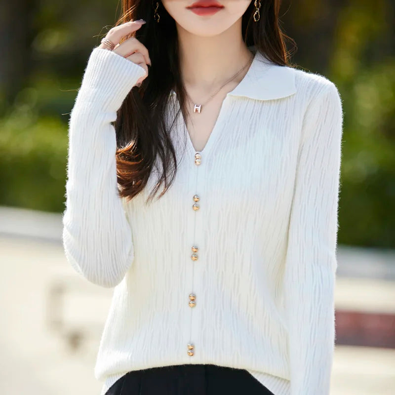 Spring Autumn Women Fine Merino Wool Sweater Polo V-neck Warm Pullover Hollow Pattern Fake Cardigan Knitwear Bottoming Tops