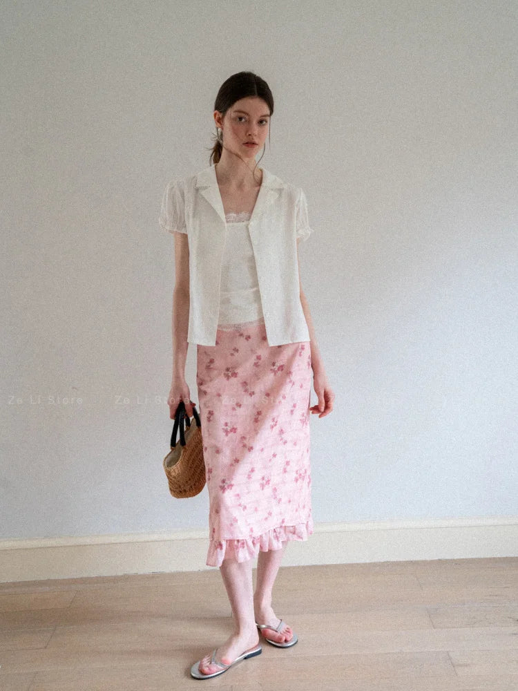 High Waist Floral Print Half Skirt Women's Summer 2026 Pleated A-Line Midi Skirt Polyester Fabric Casual Style Business Travel