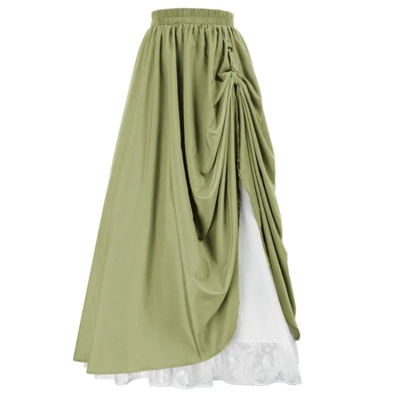 Casual Dual Layer Skirt Button Renaissance Costume Women Back Double Ruffle Long Shirring Skirt Waist Elastic Band Maxi Length