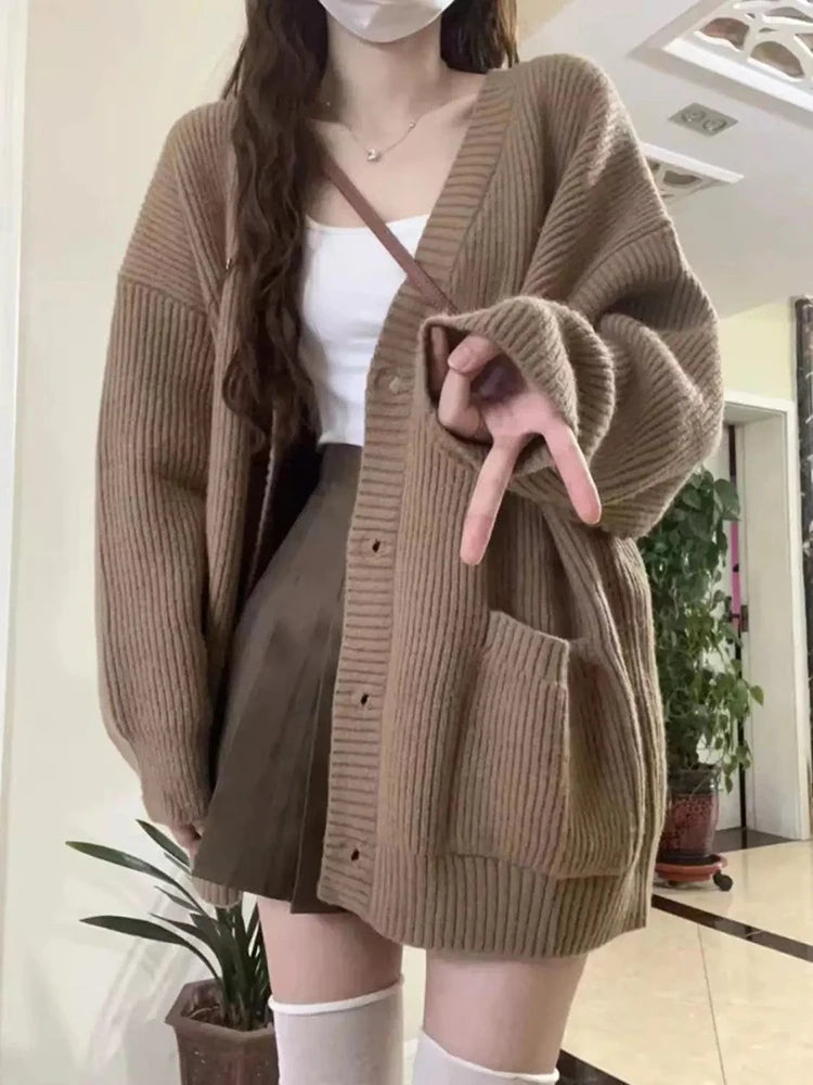 Japanese Sweet Knitted Cardigan Women Fall Winter Lazy Wind Loose Casual Sweaters V Neck Solid Student Fashion Elegant New Coats